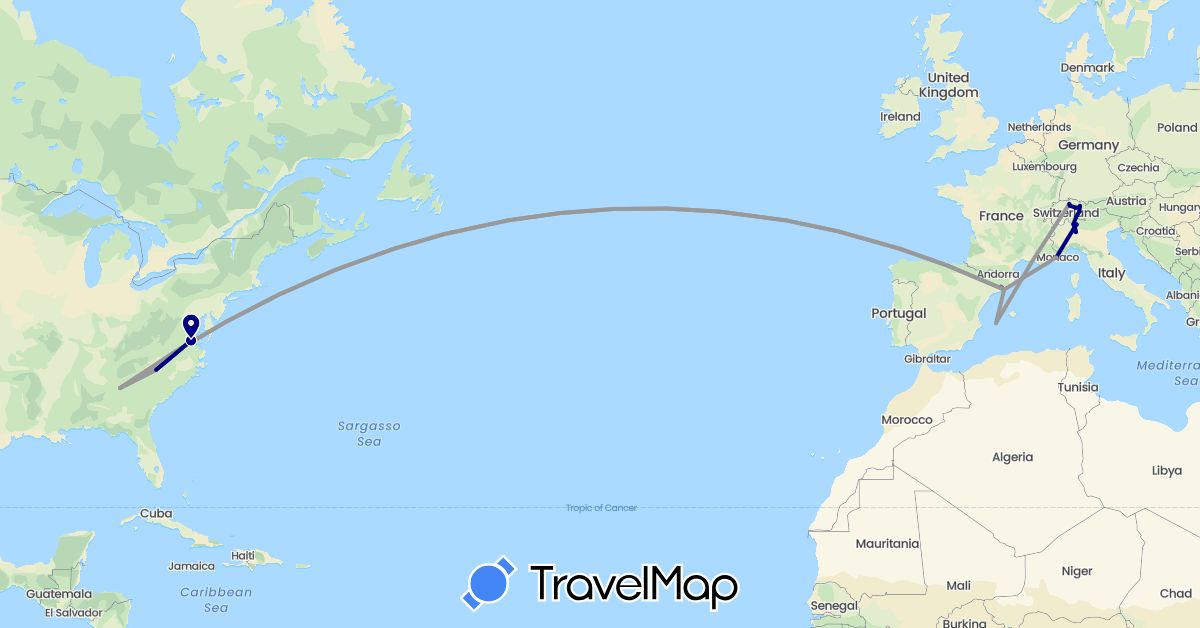TravelMap itinerary: driving, plane, train in Austria, Switzerland, Spain, France, Italy, Liechtenstein, United States (Europe, North America)